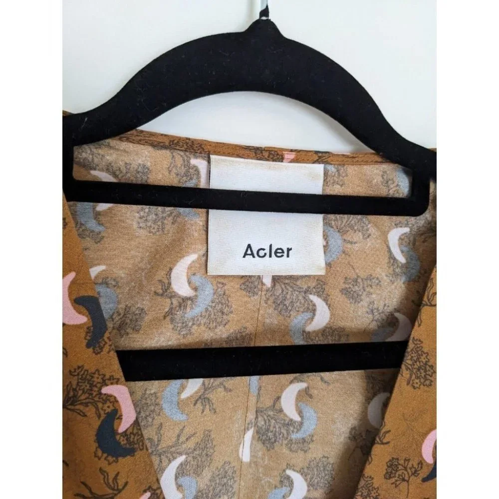 Acler Dorset Mini Dress Long Puff Sleeves Rouched Silk Blend Brown Pink Size 8 - Picture 8 of 10